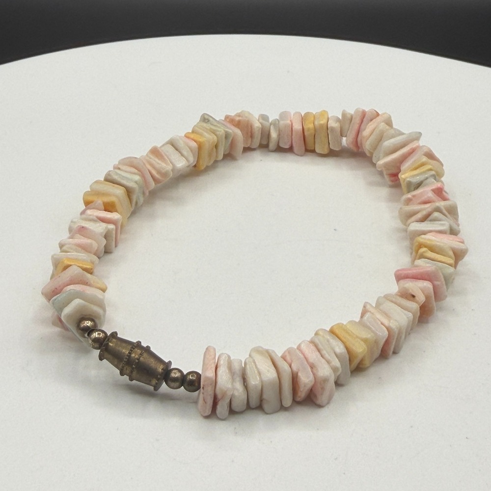 Pink Cream Shell Chip Bead Bracelet Brass Tone Barrel Clasp Boho Coastal Jewelry